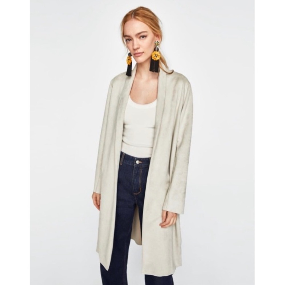 Zara Women Medium Cream Faux Suede Open Front Duster Coat Notched Lapel Pocket
